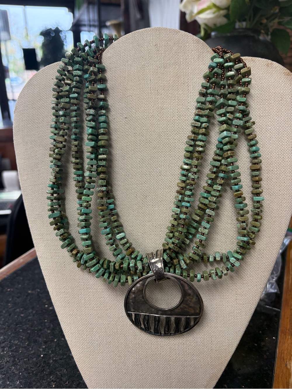 Turquoise Multi-Strand Beaded Necklace with Silver Pendant - Women Jewelry